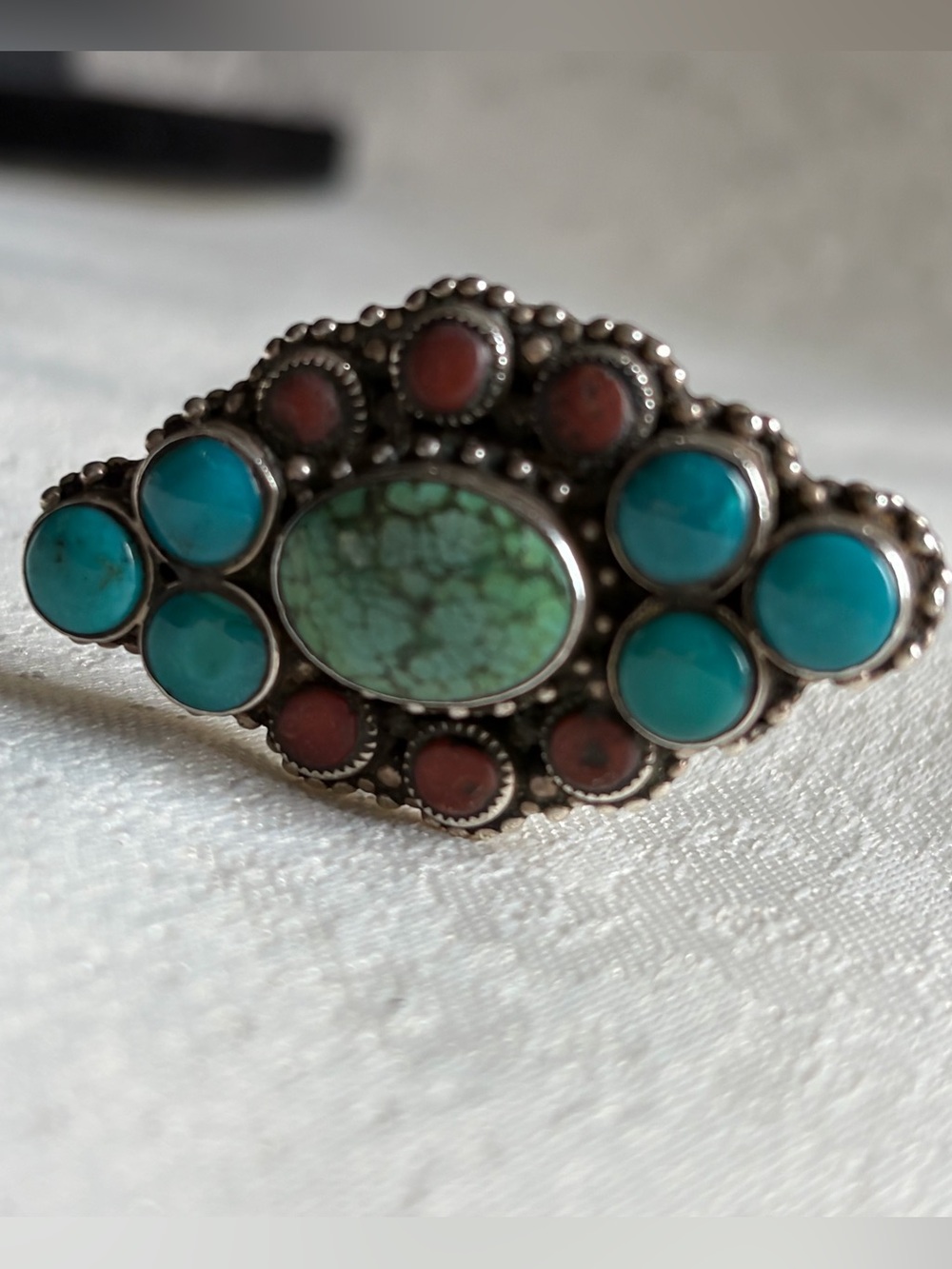 Turquoise and Coral Sterling Silver Statement Ring - Women Jewelry